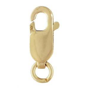 May include: A gold-colored lobster clasp with a spring-loaded gate and a small ring at the base. The clasp is made of a shiny, smooth metal and is designed for securing jewelry or other items. The clasp is shown against a white background.