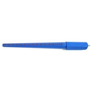 May include: A blue plastic ring sizer with red markings for sizing rings from 3 to 13. The sizer is about 12 inches long and has a cap on one end.