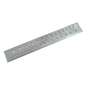 May include: A metal ruler with numbered holes for measuring ring sizes. The ruler is silver and has numbers from 1 to 15.
