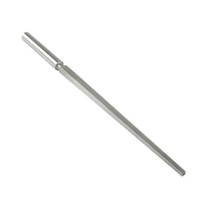 May include: A long, thin, silver-colored metal tool with a pointed tip. The tool is used for making holes in wood or other materials.