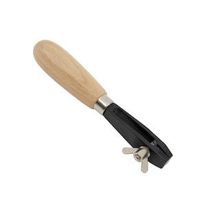 May include: A wooden handled metal jewelry making tool with a clamp and a wing nut.