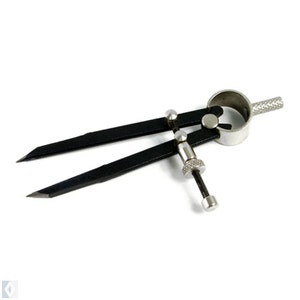 May include: A black metal compass with a silver adjustment knob and a silver ring. The compass is used for measuring distances and drawing circles.