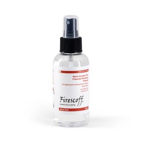 May include: A clear spray bottle with a black nozzle and cap, labeled "Firescoff." The label includes text about nano-ceramic flux for repairing and restoring fine jewelry. The bottle contains 120ml of liquid.
