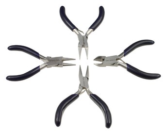 May include: Four silver-toned jewelry pliers with blue handles. The pliers are arranged in a star shape against a white background. The pliers are labeled "JBC TOOLS".
