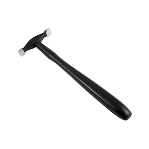 May include: A black metal hammer with a wooden handle. The hammer has a flat head with two square faces.