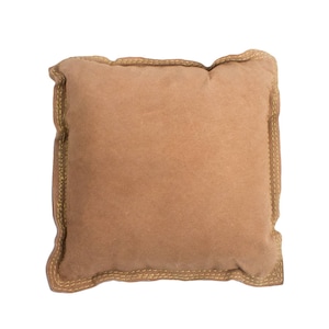 May include: A brown throw pillow with a light brown, slightly textured fabric and a gold stitched border.