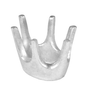 May include: Silver prong setting for a gemstone. The setting has four prongs that are curved and pointed.