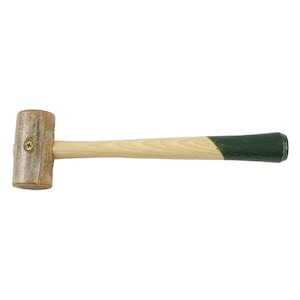 May include: A wooden mallet with a green handle. The head of the mallet is made of a light brown material and has a screw in the centre.