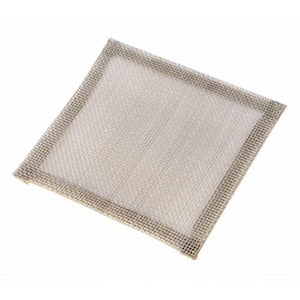 May include: A square piece of stainless steel mesh with a beige border. The mesh is fine and the border is woven.