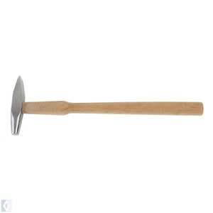 May include: A silver metal hammer with a wooden handle. The hammer has a diamond-shaped head.