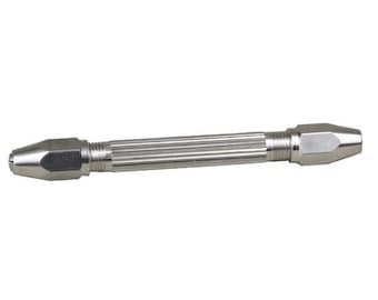 May include: A silver metal hand-held drill with a knurled grip and two chucks.