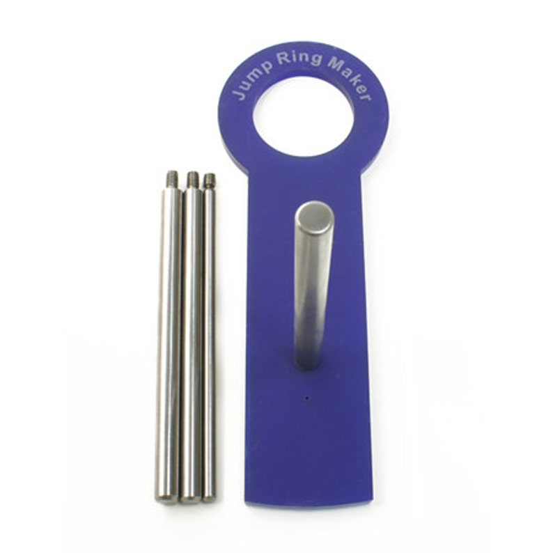 May include: A blue plastic jump ring maker with the words "Jump Ring Maker" printed on it. The maker has a large hole in the top and three metal rods.