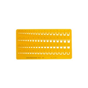 May include: Yellow plastic jewelry design template with various shapes and sizes of crowns, U-shapes, and rounded rectangles. The template is labeled "Jewelry Designing Template Art. No. 2018".