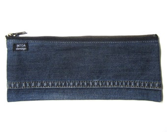 Denim Pencil Pouch of Upcycled Jeans, Dark Blue