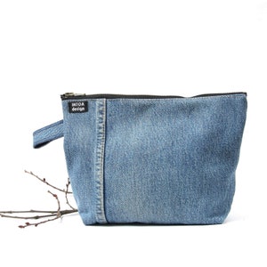 Sac à cosmétiques en denim de jeans recyclés, bleu moyen