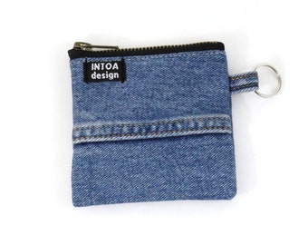 Denim Coin Purse of Upcycled Jeans, Medium Blue