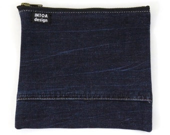 Large Denim Pouch of Upcycled Jeans, Dark Blue