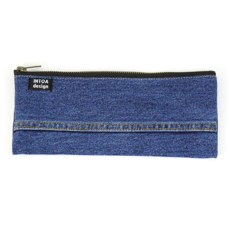 Denim Pencil Pouch of Upcycled Jeans, Medium Blue image 1