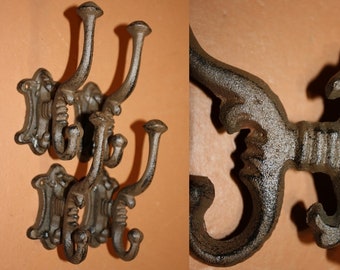 6) DIY Hall Tree Coat & Hat Hooks Vintage Look Cast Iron 5 3/4" tall. Top Hook  Bottom Hook, Set of 6 ~  H-17 Free Ship