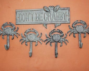 5) Crab Shack Theme Wall Decor, Cast Iron Don't Be Crabby Plaque Crab Wall Hooks Set, BL-66 Free Ship
