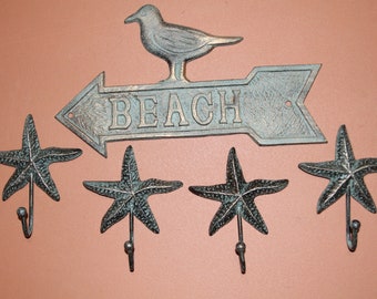 Seagull Beach Gifts For Dad - Wall Plaque / Starfish Wall Hooks, Cast Iron, Beach Star - 5 items Free Ship