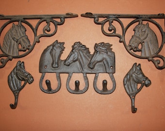 5) Farmhouse horse wall decor, horse shelf brackets set, farm & ranch horse decor,horse wall hooks, cast iron, Free Ship