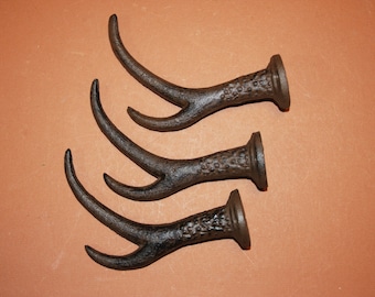 3) Gifts For Dad Deer Hunter Gift Wall Mounted Deer Horn Wall Hooks Rustic Cast Iron Set of 3, W-34 Free Ship