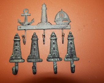 5) Seaview Maritime Coat and Hat Hook Set of 5, Sailor decor, Lighthouse Anchor Sailboat,Sailing wall decor,cast iron,ping~