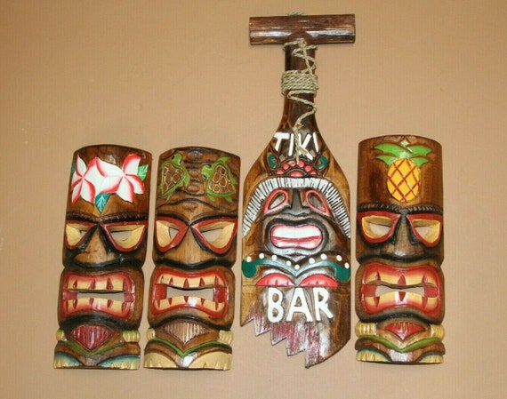 Tiki Man Cave Art Wall Hangings Hand Painted Mask Display Tiki Ensemble  Free Ship 