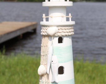 Sea Green and White Painted Lighthouse curio.Charming Coastal Living details. Perfect for end tables, book shelves & more. Ships Free! GSLH1