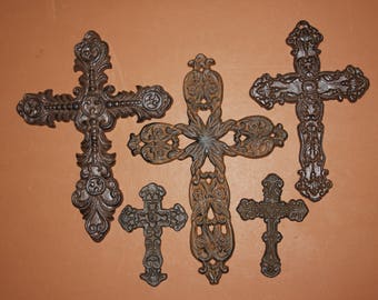 5) Vintage-look Cast Iron Wall Cross Collection, Old-World Cross Replicas, Aged-look Rustic Cast Iron Wall Cross Free Ship