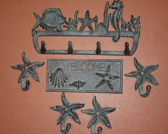 6) Beach House Welcome Plaque Nautical Starfish Coat Hat Key Wall Hooks, Set of 6, , Seabreeze Free Ship