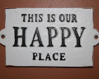 Lakehouse Cabin Happy Place Wall Plaque, 5 1/4 inch, Cast Iron, Embossed Letters Free Ship