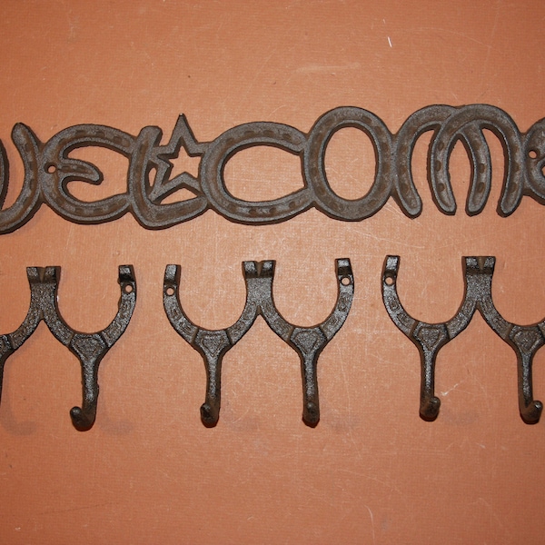 Vintage Look Cast Iron Horseshoe Welcome Plaque Wall Hook Set of 4 - Free Ship