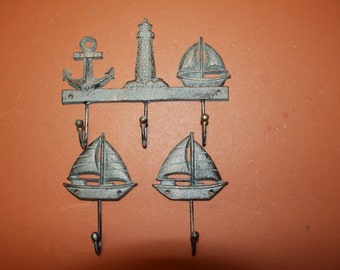 3) Sailing Gift, fast and  bronze-look sailboat decor, sailboat wall hook set, cast iron sailboat hat hooks~ Free Ship