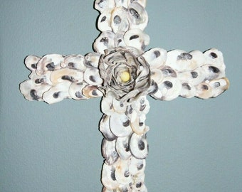 Ocean Theme Bride Groom Gift Christian Cross Oyster Shells Wall Hanging - Handmade - Magnolia Free Ship