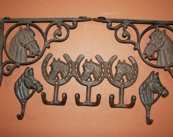 5) Equestrian Valentine Gift, Horse home decor, Equestrian shelf brackets wall hooks collection, cast iron, Free Ship