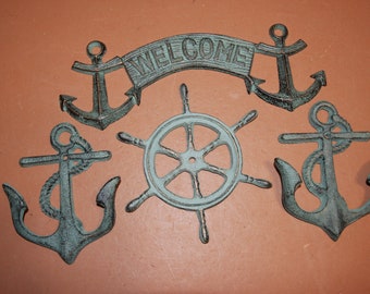 4) Blue Waters Anchor Welcome Sign Wall Hooks Ships Wheel Plaque Set, Cast Iron Free Ship