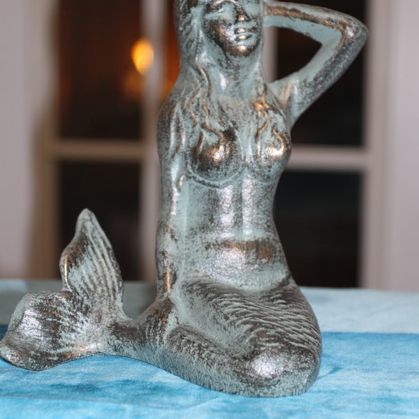 1) Antiqued Bronze Look Mermaid - Heavy Metal Statuette Figurine- Beach - Mythical - Island And Coastal Decor - Girls Room Mermaid BL-76