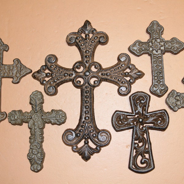 Set of 6 Cast Iron Crosses - Crystal Wells Collection - Inspirational wall hangings with an Old World Charm.  Makes a wonderful gift!