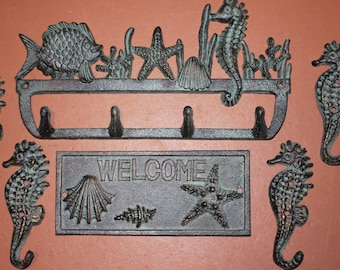 6) Beach House Welcome Housewarming Gift Set, Bronze Look Cast Iron Wall Hooks Welcome Plaque, Set of 6, , Seabreeze Free Ship