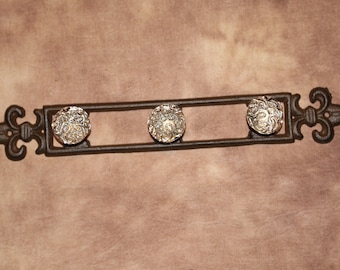 French Victorian Bath Towel Hook Rack Crystal Look Knobs on Cast Iron, 15 3/8 inch, H-114 Free Ship