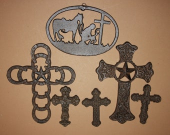 12) Texas Christian Gift Lone Star Wall Crosses & Praying Cowboy Plaque Set, Cast Iron, Lone Prarie Collection Free Ship