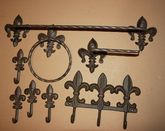 8) Cajun Creole Bath Decor Vintage Look Cast Iron Bathroom Accessories, Towel Rack Bar Wall Hooks, TP Holder, Euro Cellection