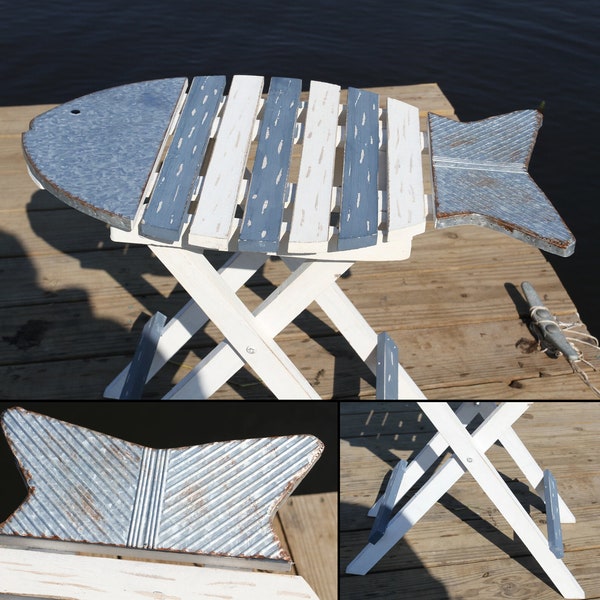 Fish table, distressed wood, folding pool side, garden table,creative stunning small cocktail table,unique gift, beach decor, WOWZERS!