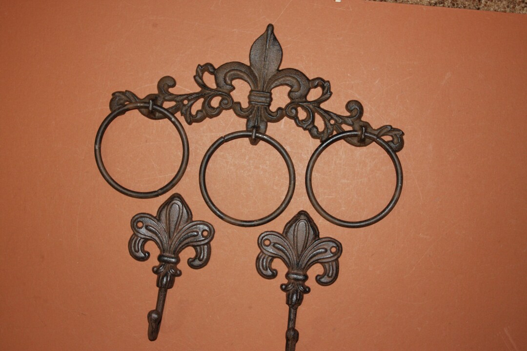 3 Fleur De Lis Bath Decor, Fleur De Lis Triple Towel Ring and Wall Hook