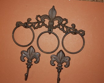 3) Fleur De Lis triple towel ring and wall hook bath accessory set, cast iron, F20,2xF12 Free Ship