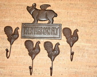 Country Farm Design Wall Hooks Pig Wall Plaque, Rustic Cast Iron, 3 items Free Ship
