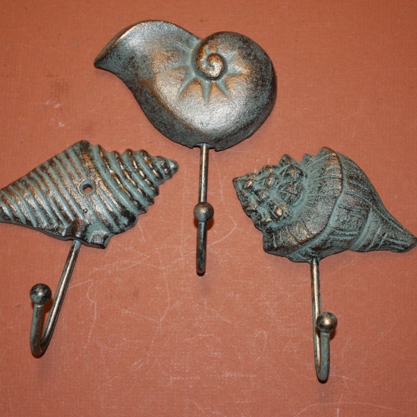 3) Sea shell Towel Hook set,  Sea shell bath decor, cast iron bronze-look sea shell decor, ocean shells beach decor Free Ship