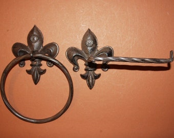 2) Fleur De Lis Bath Accessory Set Toilet Paper Holder and Towel Ring, p cast iron Fleur De Lis Bath Decor, F-2,3 Free Ship